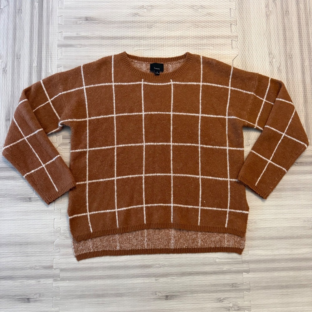 Lumiere Sweater Womens Medium Brown Windowpane Grid High Low Crewneck Fall‎ Cozy